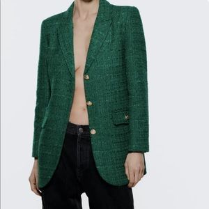 Zara green tweed blazer boyfriend fit